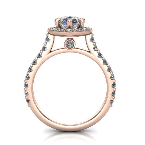 Rowan pear halo engagement ring in 18K Rose Gold, through-finger front profile showing the halo head raised above the pav&eacute; band and a peek-a-boo gallery diamond
