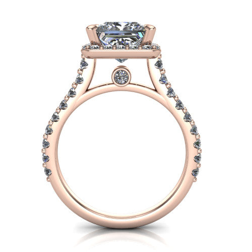Rowan princess halo engagement ring in 18K Rose Gold, through-finger front profile showing the halo head raised above the pav&eacute; band and a peek-a-boo gallery diamond