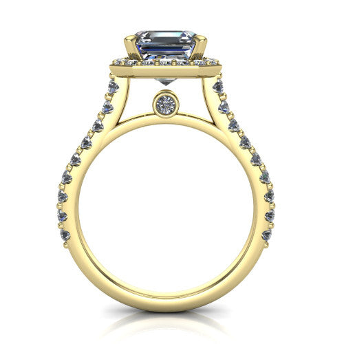 Rowan asscher halo engagement ring in 18K Yellow Gold, through-finger front profile showing the halo head raised above the pav&eacute; band and a peek-a-boo gallery diamond