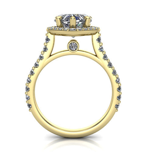 Rowan heart halo engagement ring in 14K Yellow Gold, through-finger front profile showing the halo head raised above the pav&eacute; band and a peek-a-boo gallery diamond