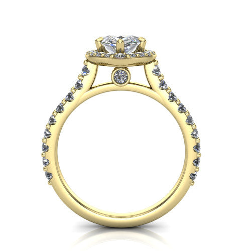 Rowan marquise halo engagement ring in 14K Yellow Gold, through-finger front profile showing the halo head raised above the pav&eacute; band and a peek-a-boo gallery diamond