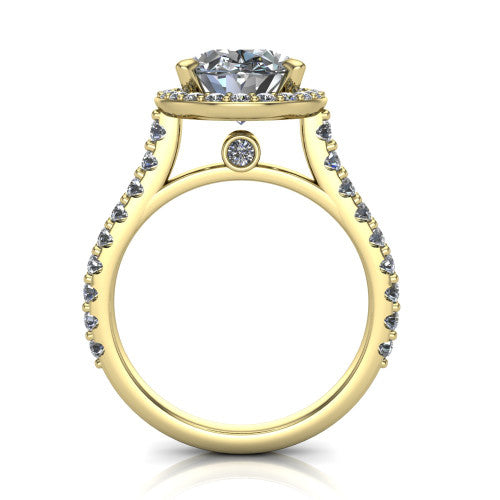 Rowan oval halo engagement ring in 18K Yellow Gold, through-finger front profile showing the halo head raised above the pav&eacute; band and a peek-a-boo gallery diamond