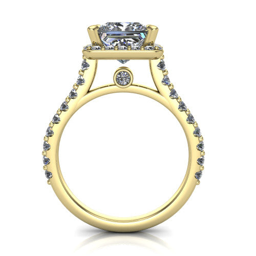 Rowan princess halo engagement ring in 14K Yellow Gold, through-finger front profile showing the halo head raised above the pav&eacute; band and a peek-a-boo gallery diamond