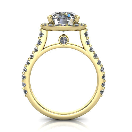 Rowan round halo engagement ring in 18K Yellow Gold, through-finger front profile showing the halo head raised above the pav&eacute; band and a peek-a-boo gallery diamond