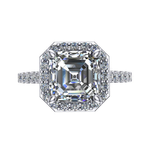 Rowan asscher halo engagement ring in Platinum, top-down view showing the center diamond framed by a pav&eacute; halo with decorative corner prongs