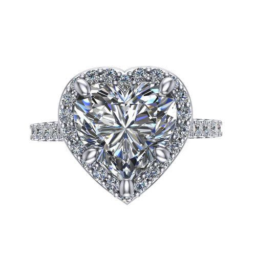 Rowan heart halo engagement ring in Platinum, top-down view showing the center diamond framed by a pav&eacute; halo with decorative corner prongs