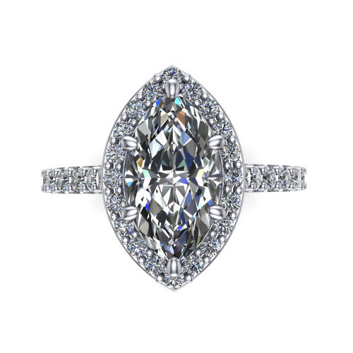Rowan marquise halo engagement ring in Platinum, top-down view showing the center diamond framed by a pav&eacute; halo with decorative corner prongs