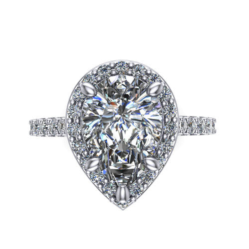 Rowan pear halo engagement ring in 14K White Gold, top-down view showing the center diamond framed by a pav&eacute; halo with decorative corner prongs