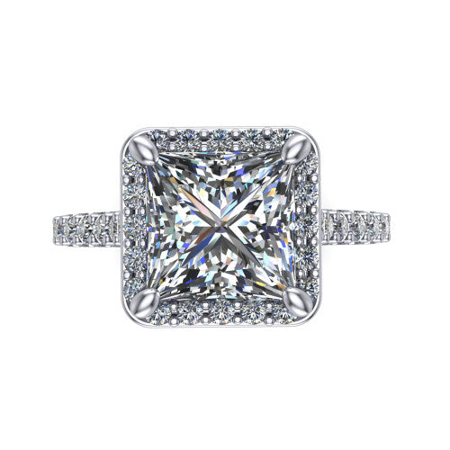 Rowan princess halo engagement ring in 14K White Gold, top-down view showing the center diamond framed by a pav&eacute; halo with decorative corner prongs