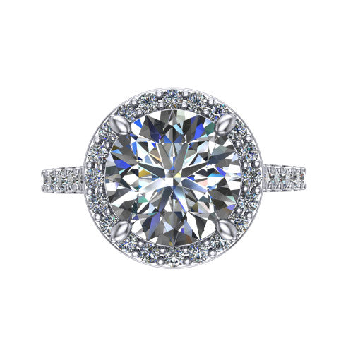 Rowan round halo engagement ring in Platinum, top-down view showing the center diamond framed by a pav&eacute; halo with decorative corner prongs