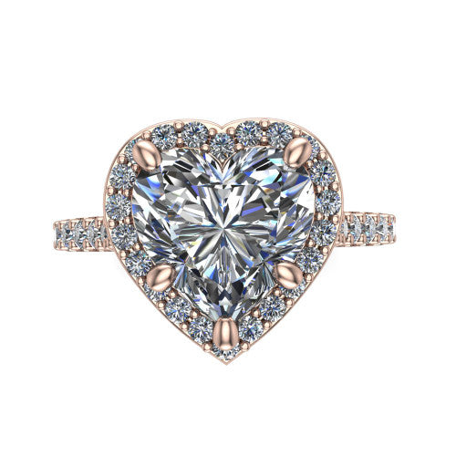 Rowan heart halo engagement ring in 14K Rose Gold, top-down view showing the center diamond framed by a pav&eacute; halo with decorative corner prongs