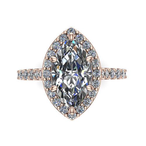 Rowan marquise halo engagement ring in 14K Rose Gold, top-down view showing the center diamond framed by a pav&eacute; halo with decorative corner prongs