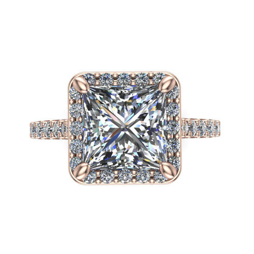 Rowan princess halo engagement ring in 14K Rose Gold, top-down view showing the center diamond framed by a pav&eacute; halo with decorative corner prongs
