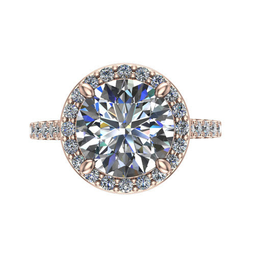 Rowan round halo engagement ring in 14K Rose Gold, top-down view showing the center diamond framed by a pav&eacute; halo with decorative corner prongs