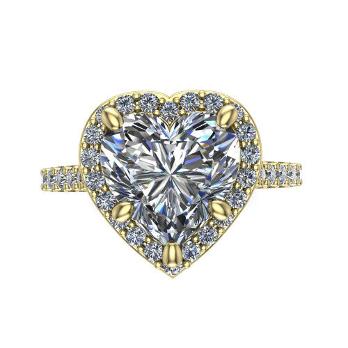Rowan heart halo engagement ring in 18K Yellow Gold, top-down view showing the center diamond framed by a pav&eacute; halo with decorative corner prongs