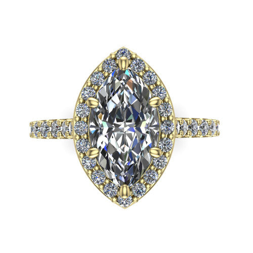 Rowan marquise halo engagement ring in 14K Yellow Gold, top-down view showing the center diamond framed by a pav&eacute; halo with decorative corner prongs