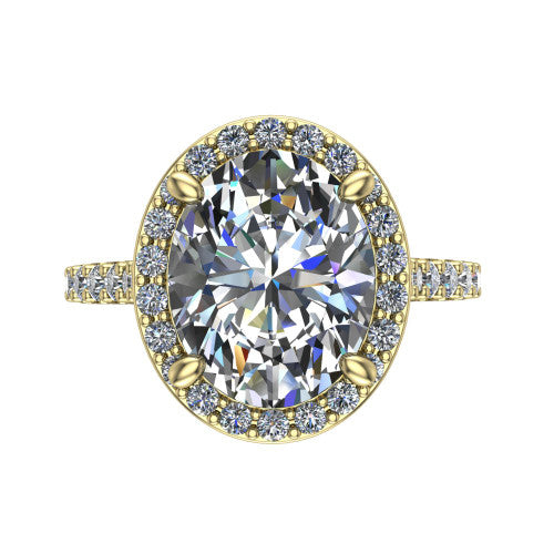 Rowan oval halo engagement ring in 18K Yellow Gold, top-down view showing the center diamond framed by a pav&eacute; halo with decorative corner prongs