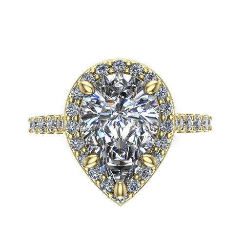 Rowan pear halo engagement ring in 18K Yellow Gold, top-down view showing the center diamond framed by a pav&eacute; halo with decorative corner prongs