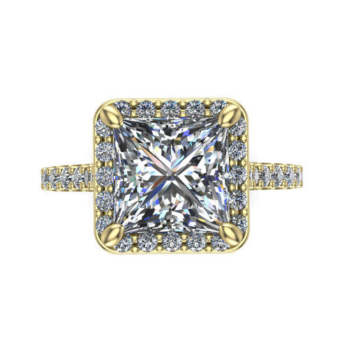 Rowan princess halo engagement ring in 14K Yellow Gold, top-down view showing the center diamond framed by a pav&eacute; halo with decorative corner prongs