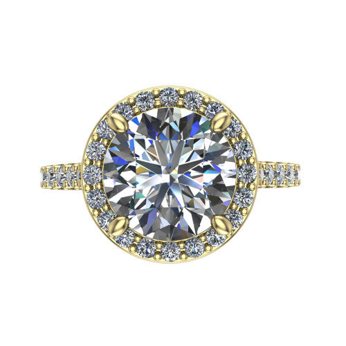 Rowan round halo engagement ring in 18K Yellow Gold, top-down view showing the center diamond framed by a pav&eacute; halo with decorative corner prongs