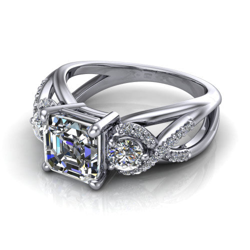 Amara asscher three stone engagement ring in 14K White Gold, three-quarter perspective showing the center diamond between two round side stones above an infinity-twist pav&eacute; shank