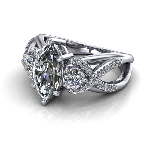 Amara marquise three stone engagement ring in Platinum, three-quarter perspective showing the center diamond between two round side stones above an infinity-twist pav&eacute; shank