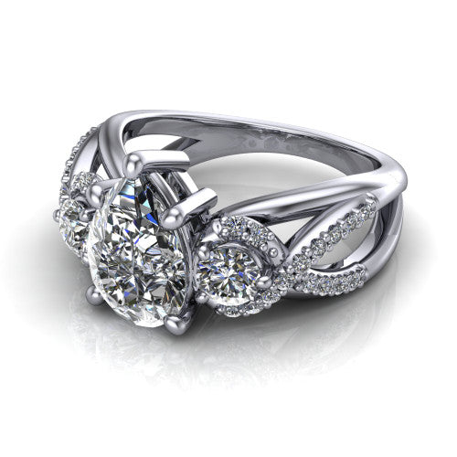 Amara pear three stone engagement ring in 14K White Gold, three-quarter perspective showing the center diamond between two round side stones above an infinity-twist pav&eacute; shank