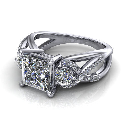 Amara princess three stone engagement ring in 14K White Gold, three-quarter perspective showing the center diamond between two round side stones above an infinity-twist pav&eacute; shank