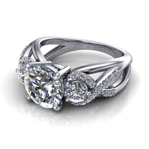 Amara round three stone engagement ring in 14K White Gold, three-quarter perspective showing the center diamond between two round side stones above an infinity-twist pav&eacute; shank