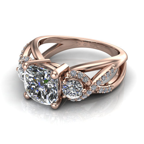 Amara cushion three stone engagement ring in 18K Rose Gold, three-quarter perspective showing the center diamond between two round side stones above an infinity-twist pav&eacute; shank