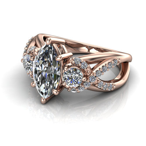 Amara marquise three stone engagement ring in 18K Rose Gold, three-quarter perspective showing the center diamond between two round side stones above an infinity-twist pav&eacute; shank