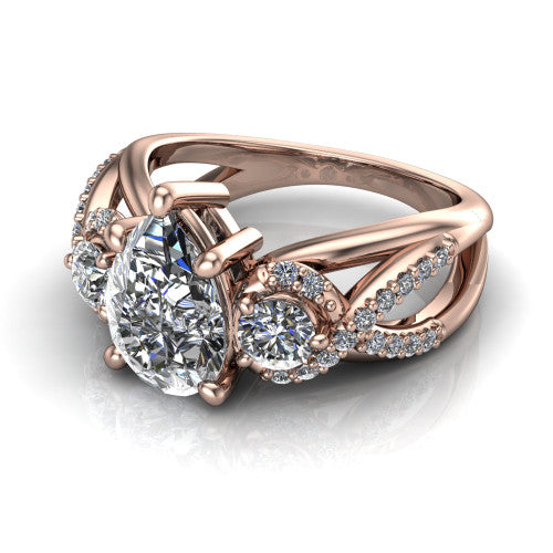 Amara pear three stone engagement ring in 18K Rose Gold, three-quarter perspective showing the center diamond between two round side stones above an infinity-twist pav&eacute; shank