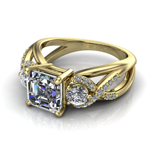 Amara asscher three stone engagement ring in 14K Yellow Gold, three-quarter perspective showing the center diamond between two round side stones above an infinity-twist pav&eacute; shank