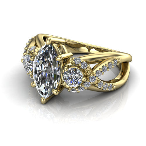 Amara marquise three stone engagement ring in 18K Yellow Gold, three-quarter perspective showing the center diamond between two round side stones above an infinity-twist pav&eacute; shank