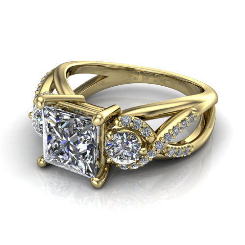 Amara princess three stone engagement ring in 18K Yellow Gold, three-quarter perspective showing the center diamond between two round side stones above an infinity-twist pav&eacute; shank