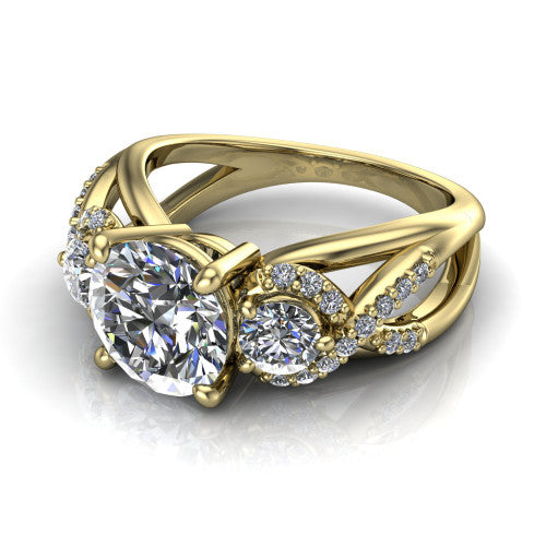Amara round three stone engagement ring in 18K Yellow Gold, three-quarter perspective showing the center diamond between two round side stones above an infinity-twist pav&eacute; shank