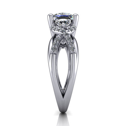 Amara cushion three stone engagement ring in 14K White Gold, side profile showing the pav&eacute; rails crossing in an infinity twist beneath the head