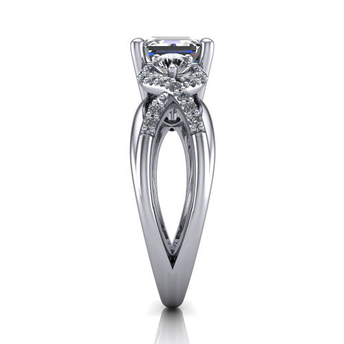 Amara asscher three stone engagement ring in 14K White Gold, side profile showing the pav&eacute; rails crossing in an infinity twist beneath the head
