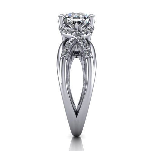 Amara round three stone engagement ring in 14K White Gold, side profile showing the pav&eacute; rails crossing in an infinity twist beneath the head