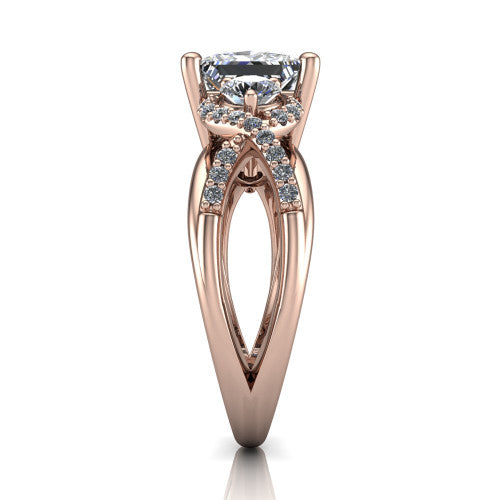 Amara princess three stone engagement ring in 18K Rose Gold, side profile showing the pav&eacute; rails crossing in an infinity twist beneath the head