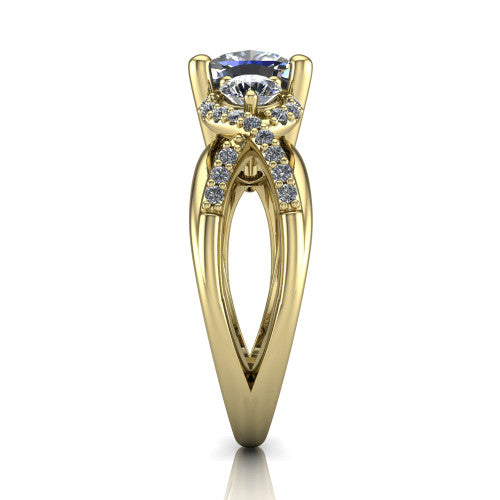 Amara cushion three stone engagement ring in 14K Yellow Gold, side profile showing the pav&eacute; rails crossing in an infinity twist beneath the head
