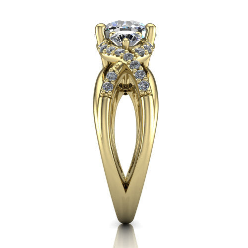Amara round three stone engagement ring in 18K Yellow Gold, side profile showing the pav&eacute; rails crossing in an infinity twist beneath the head