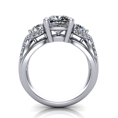 Amara cushion three stone engagement ring in 18K White Gold, through-finger front profile showing the three-stone head raised above the woven split band