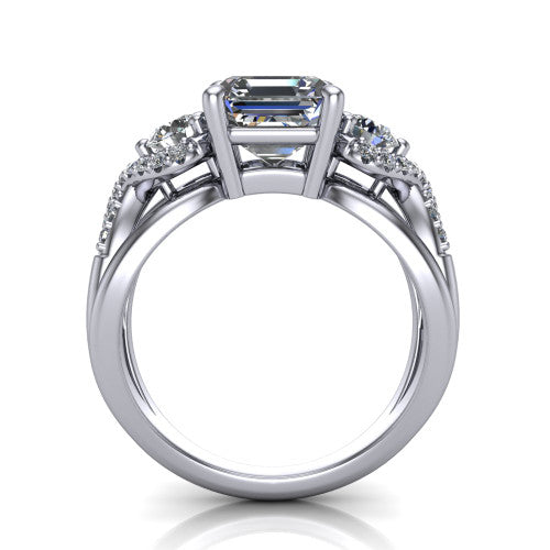 Amara asscher three stone engagement ring in 14K White Gold, through-finger front profile showing the three-stone head raised above the woven split band
