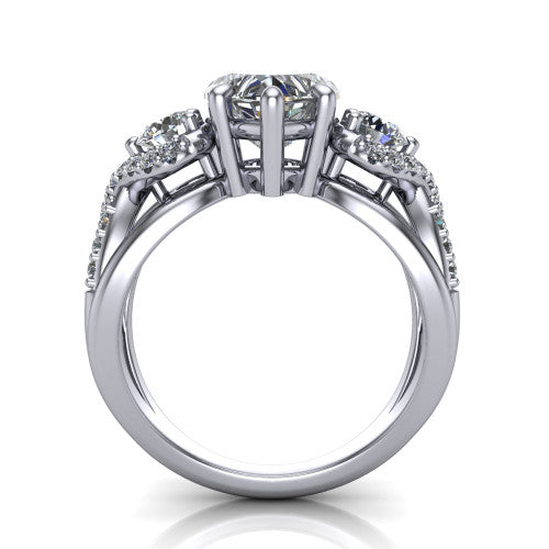 Amara heart three stone engagement ring in Platinum, through-finger front profile showing the three-stone head raised above the woven split band