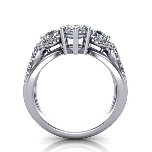 Amara marquise three stone engagement ring in Platinum, through-finger front profile showing the three-stone head raised above the woven split band