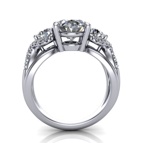 Amara oval three stone engagement ring in Platinum, through-finger front profile showing the three-stone head raised above the woven split band