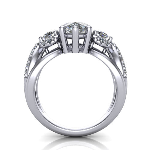 Amara pear three stone engagement ring in Platinum, through-finger front profile showing the three-stone head raised above the woven split band