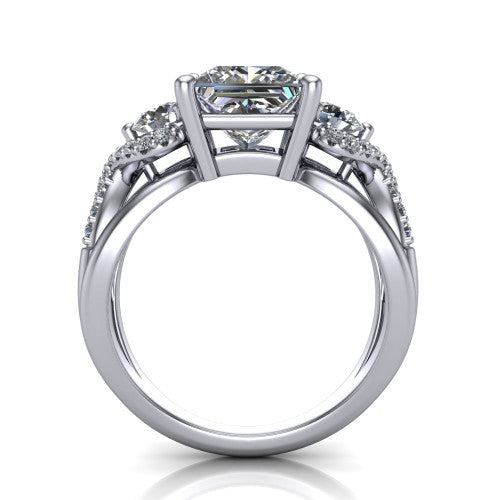 Amara princess three stone engagement ring in Platinum, through-finger front profile showing the three-stone head raised above the woven split band