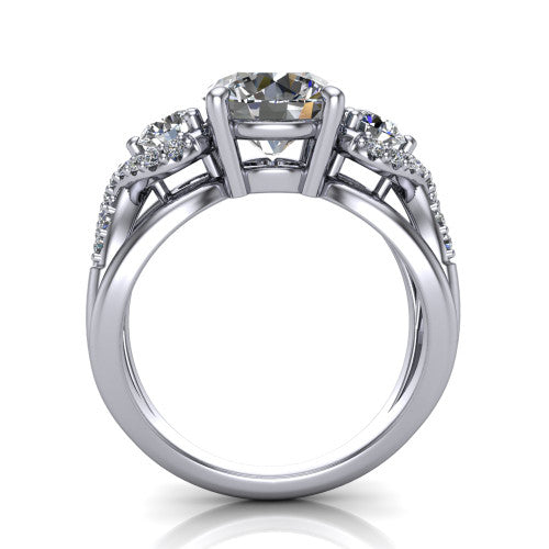 Amara round three stone engagement ring in Platinum, through-finger front profile showing the three-stone head raised above the woven split band